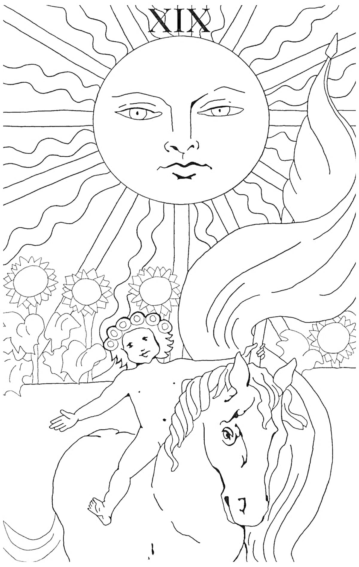 На раскраске изображено: Таро, Солнце, Ребенок, Лошадь, Подсолнухи, Флаг, Карта, Магия