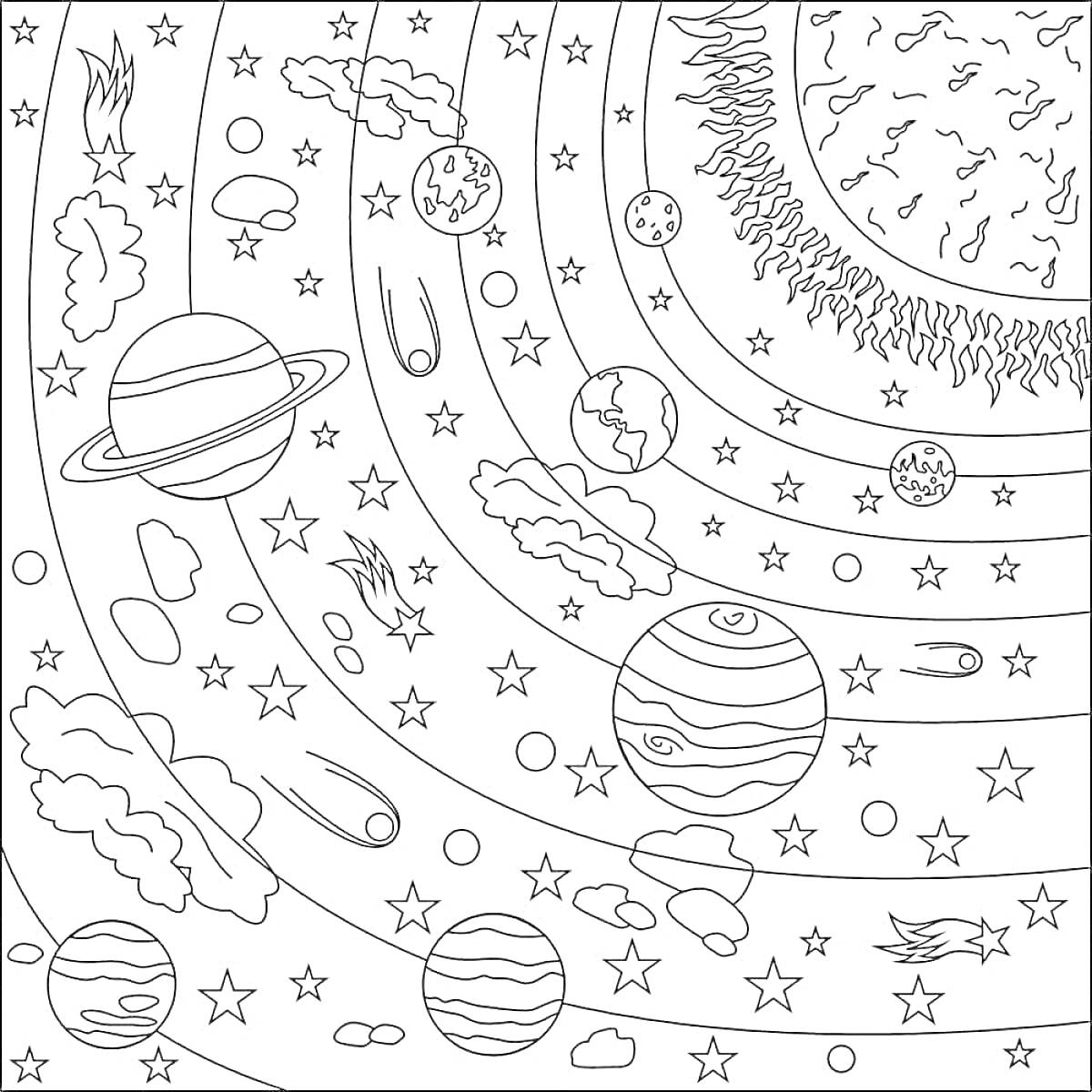 На раскраске изображено: Планеты, Космос, Облака, Звезды, Солнце, Астероиды