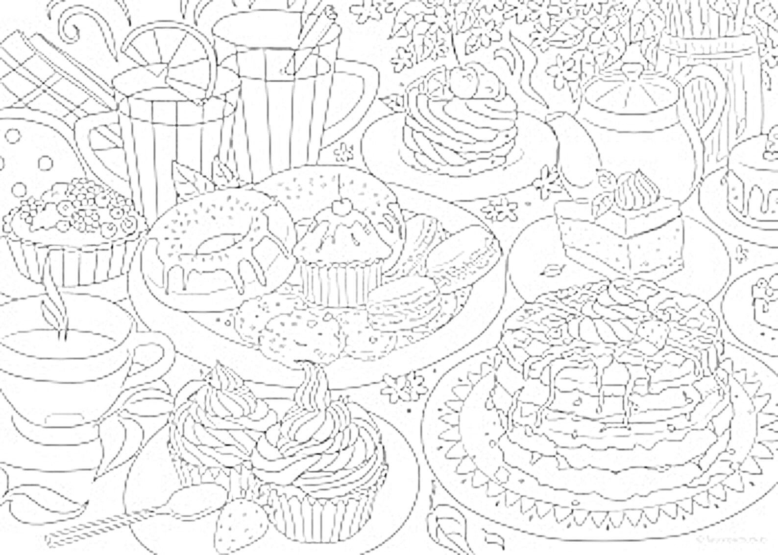 Раскраска праздничный стол с чашками, пирожными, цветами и сладостями