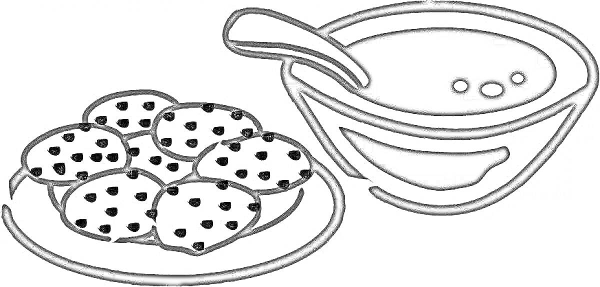 Раскраска Тарелка с сырниками и миска с соусом