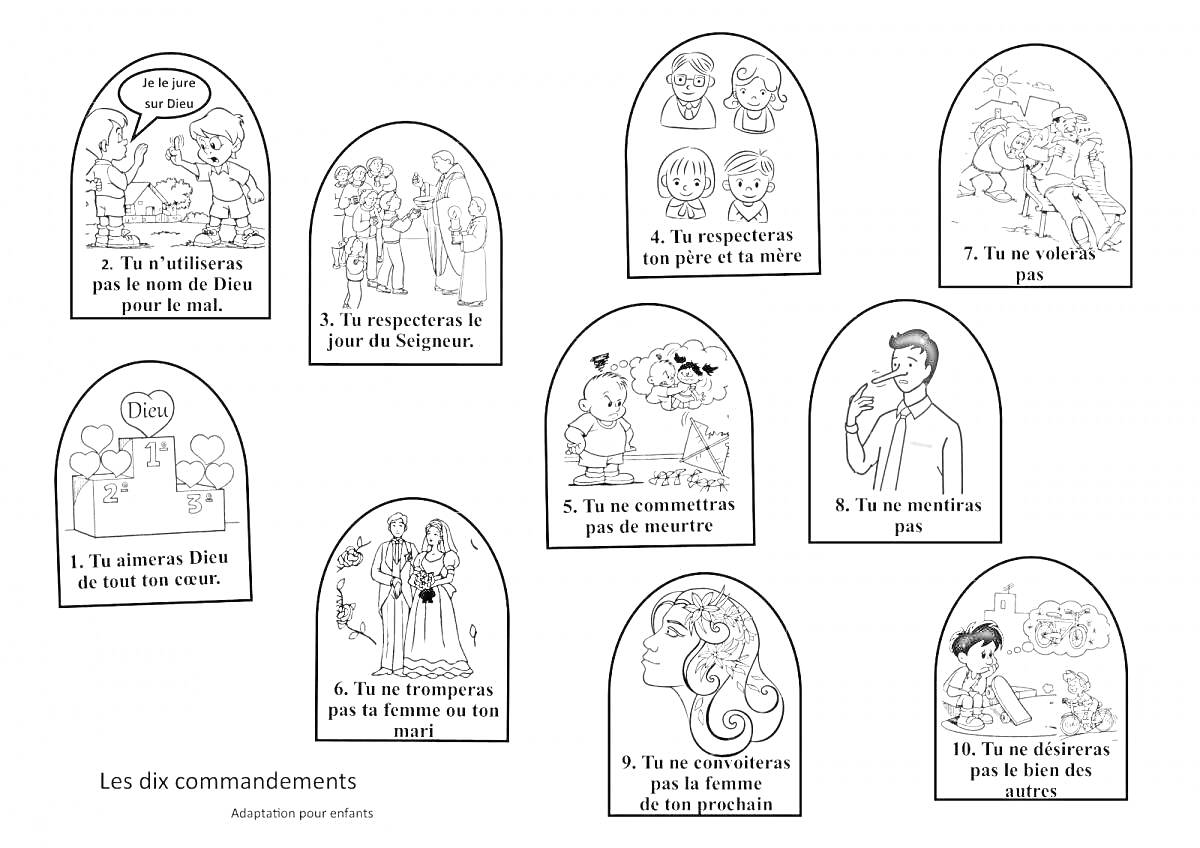 Раскраска 10 заповедей. Формат раскраски со сценами, изображающими каждую из заповедей с картинками: поклонение другим богам, почитание родителей, слова Господа, субботний день, убийство, прелюбодеяние, кража, ложь, зависть к жене ближнего, зависть к имуществу ближ