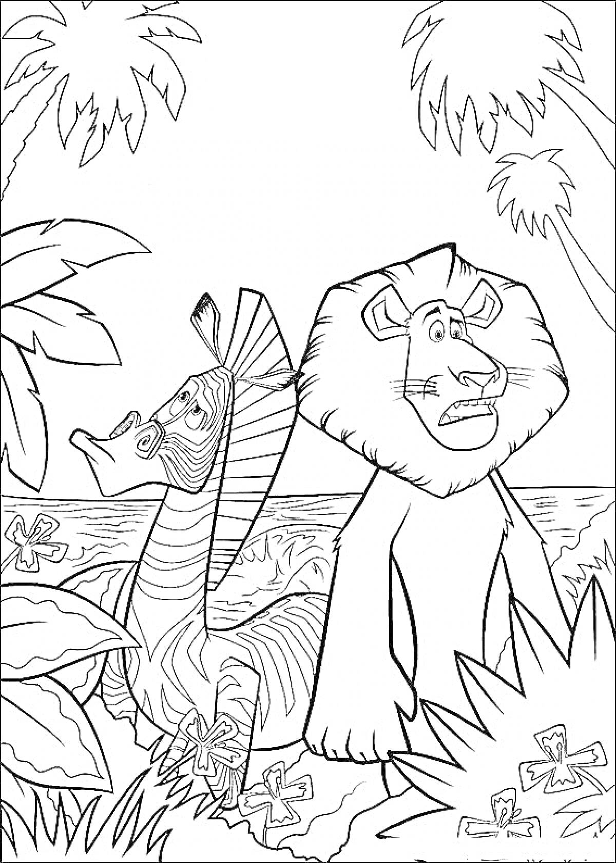 На раскраске изображено: Мадагаскар, Лев, Пальмы, Море, Цветы, Из мультфильмов, Зебры