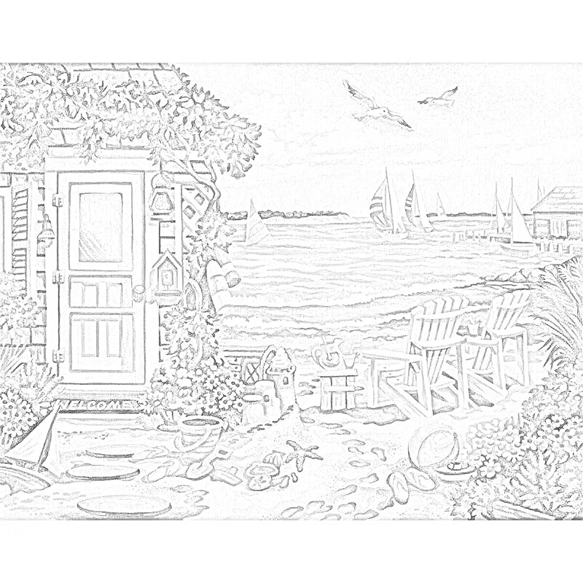 Раскраска Дача у моря с парусниками и пляжной атрибутикой