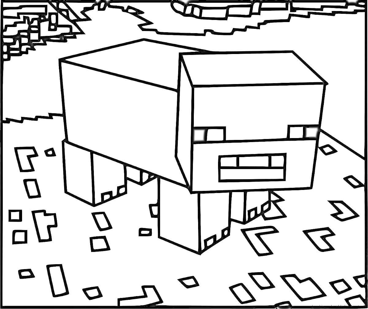 Раскраска Свинья из Minecraft на фоне ландшафта с блоками и деревьями
