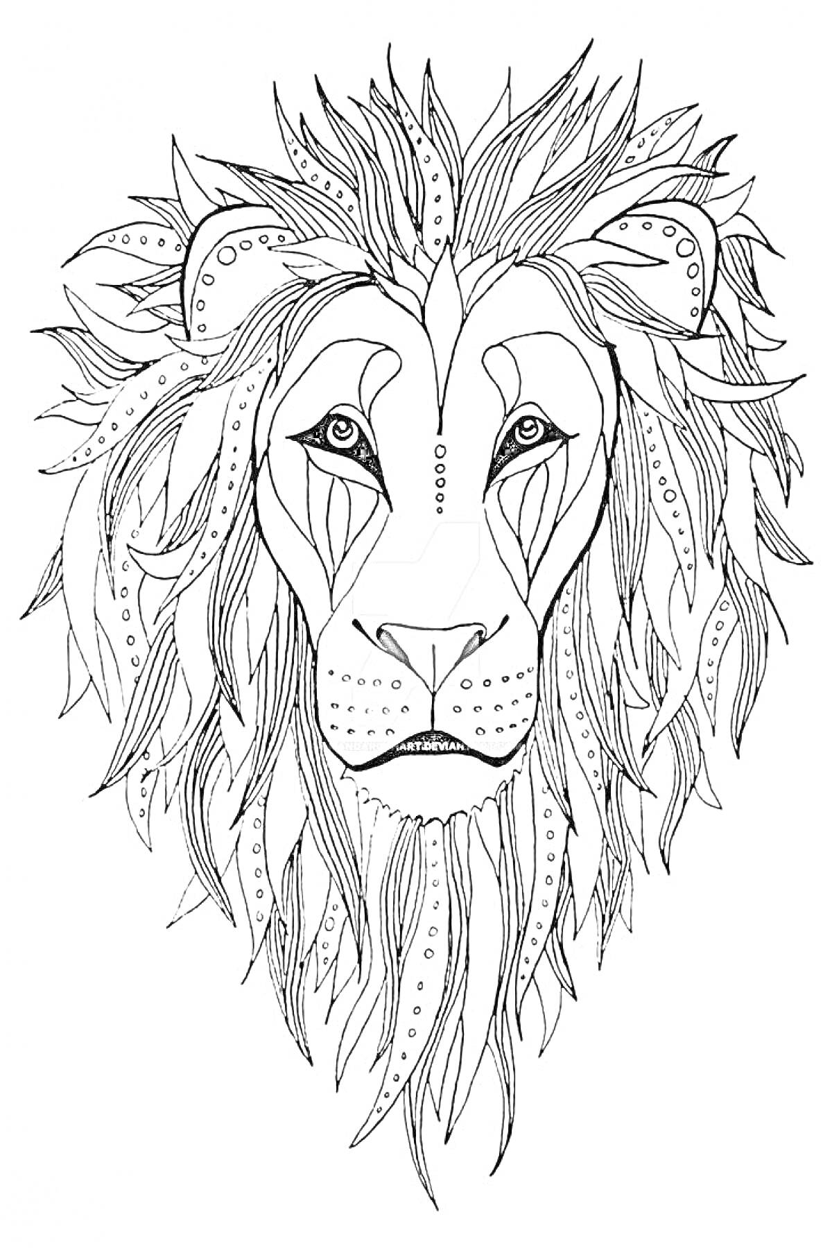 Лев с декоративной гривой и узорами на лице