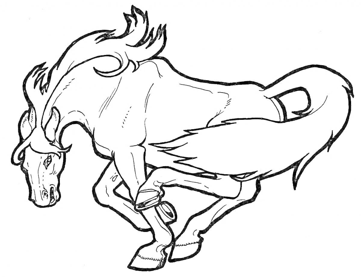 На раскраске изображено: Лошадь, Развевающаяся грива, Хвост, Копыта, Скачки
