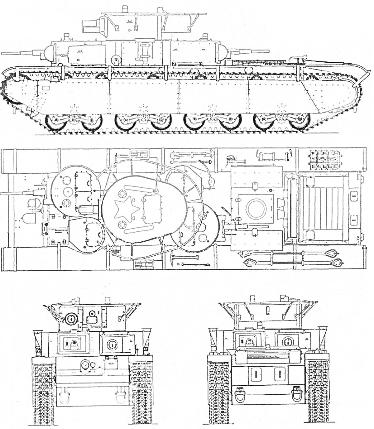 Раскраска Чертеж танка Т-35, вид сбоку, сверху и с двух фронтальных ракурсов