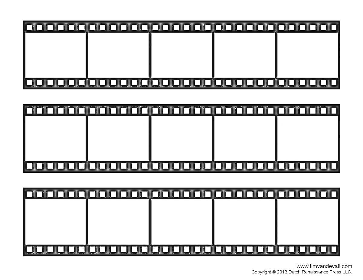 Три горизонтальные полосы киноленты с восьмью пустыми кадрами каждая