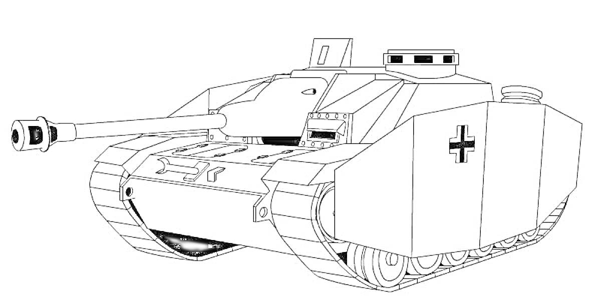 Раскраска Средний танк с длинным стволом, бронированным корпусом, гусеничным движением и опознавательным знаком на боку.