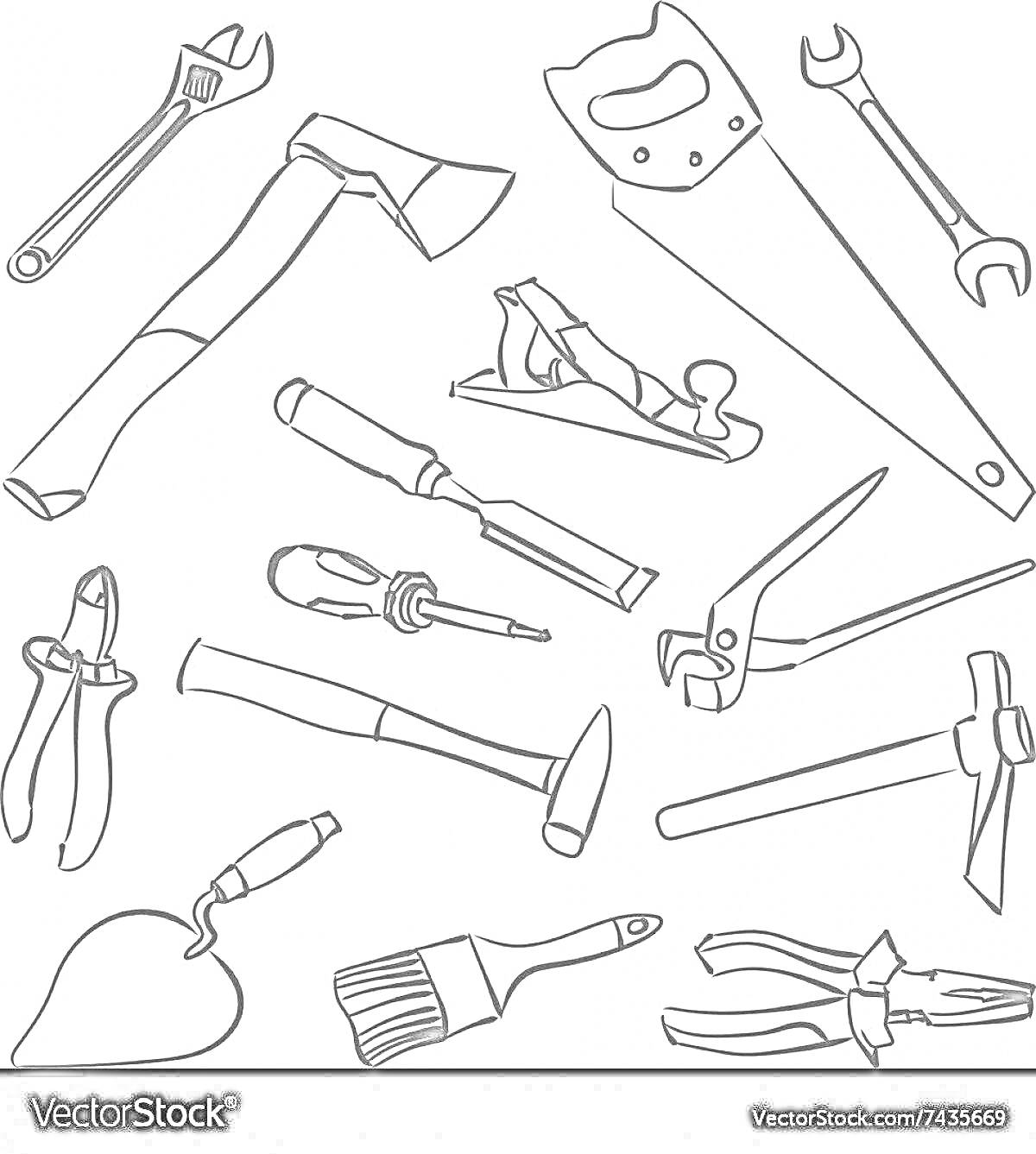 Раскраска с инструментами – гаечный ключ, топор, рубанок, пила, рожковый ключ, отвертка, зубило, тиски, пассатижи, молоток, ножовка, шпатель, кисть, плоскогубцы