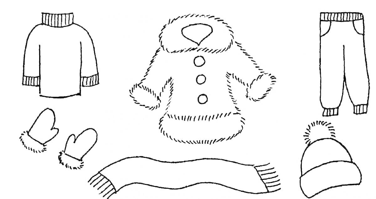 На раскраске изображено: Свитер, Штаны, Шарф, Шапка, Зимняя одежда, Одежда для детей