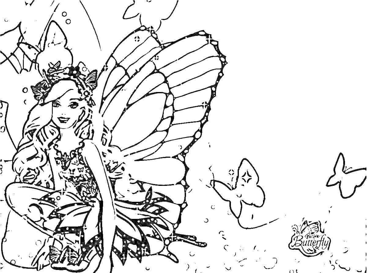 На раскраске изображено: Принцесса, Бабочка, Крылья, Длинные волосы, Цветы, Фантазия, Из сказок, Природа, Сидеть