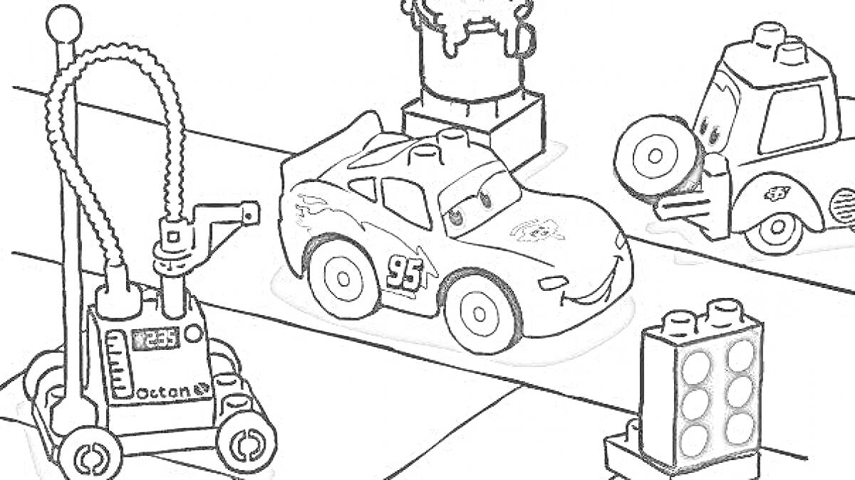 Раскраска Гоночная машина с номером 95, топливный насос, машина с запасным колесом, кубики Лего