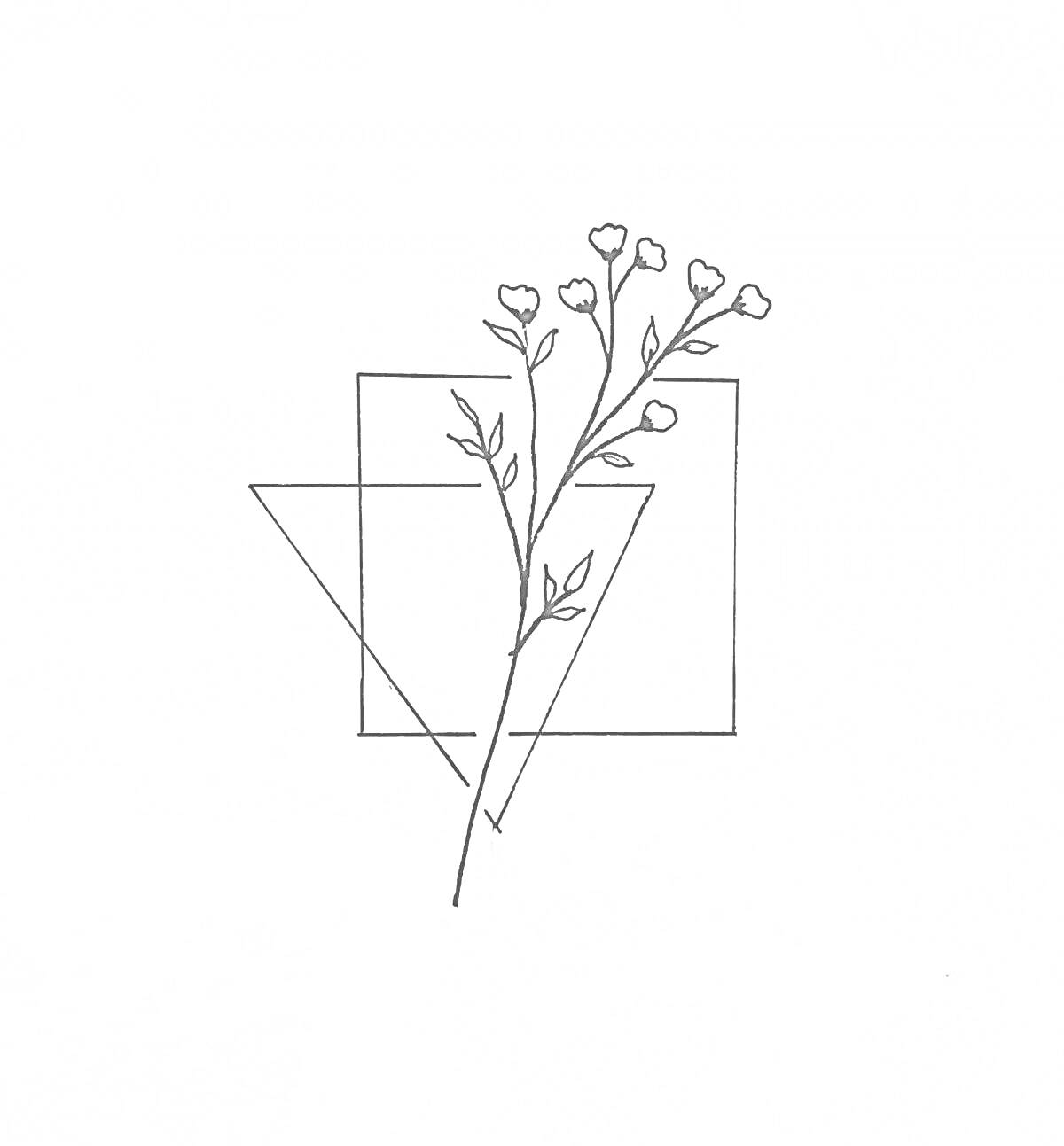 цветок с маленькими бутонами на фоне пересекающихся треугольников и прямоугольников