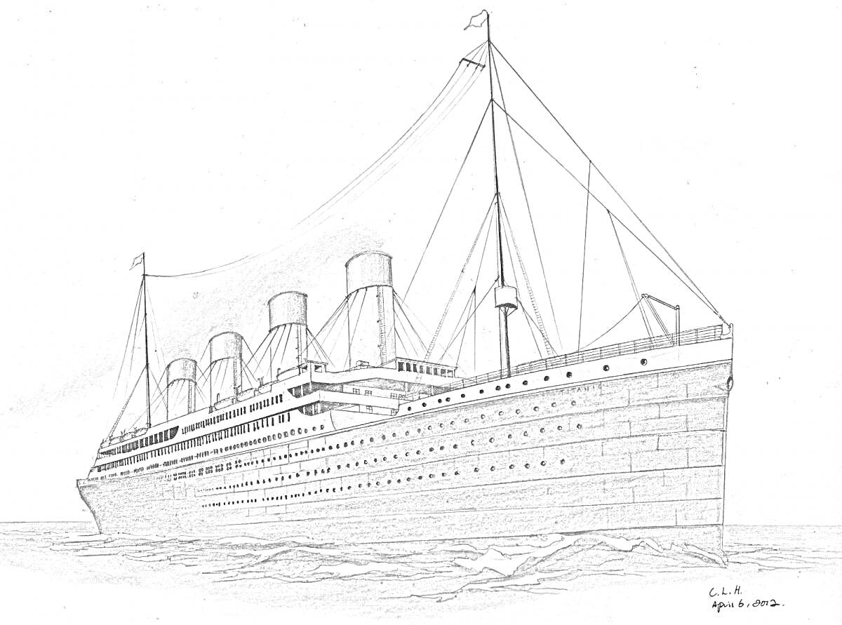 На раскраске изображено: Корабль, Лайнер, Морской транспорт, Дым, Волны