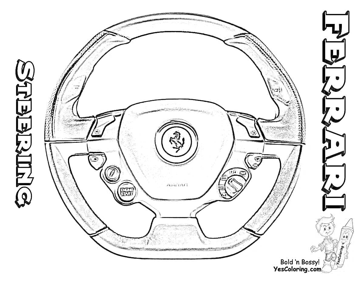 Раскраска Руль детской машины с логотипом Ferrari, текстом 