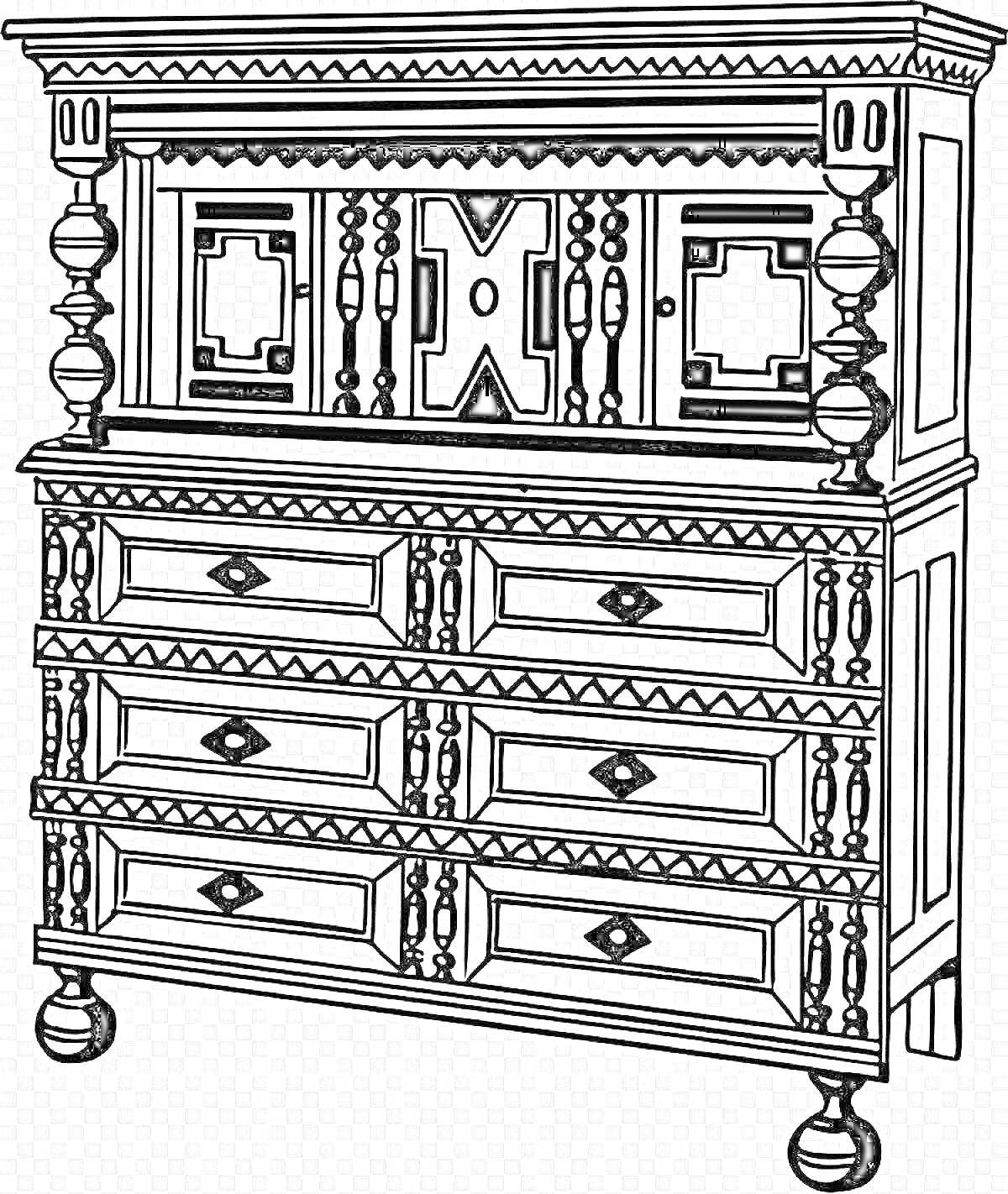 Раскраска Буфет с резным узором, украшенный столбами и ящиками