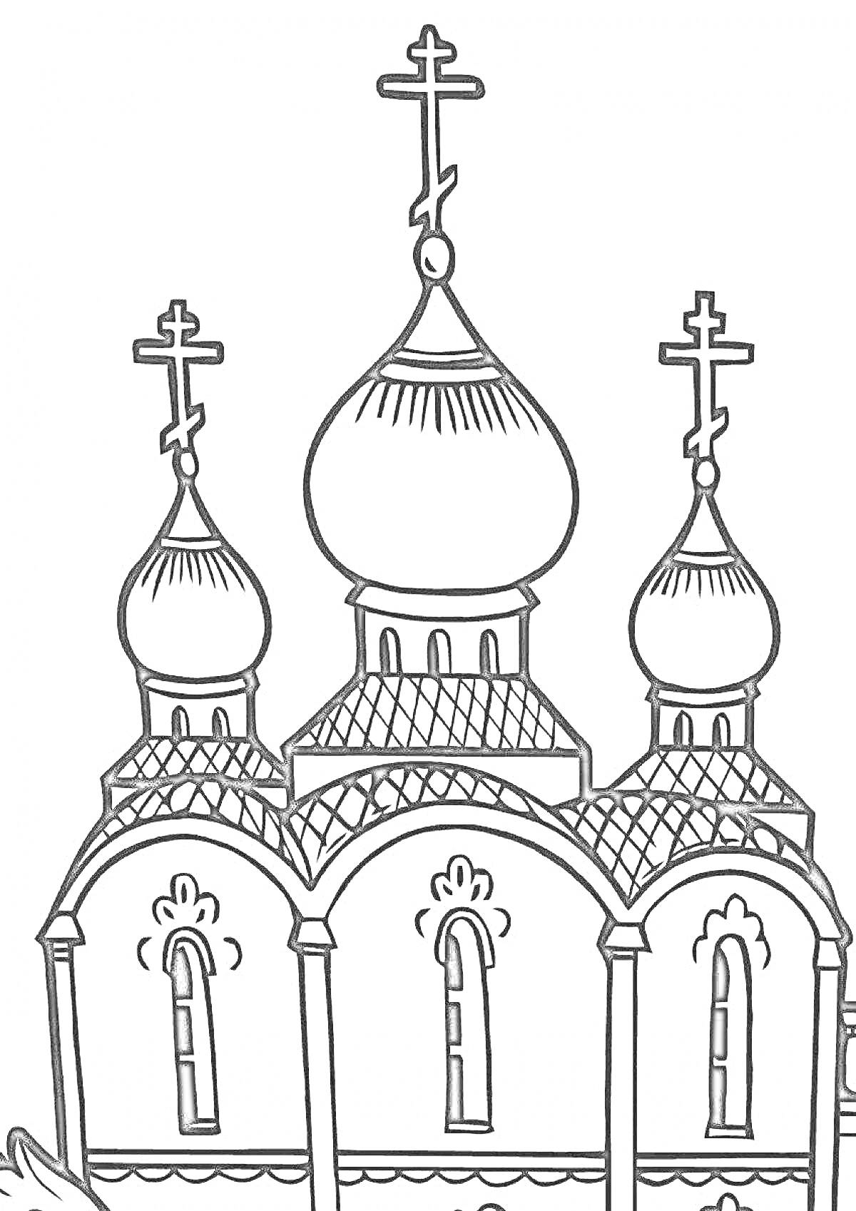На раскраске изображено: Храм, Купола, Архитектура, Религия, Православие, Для детей, Окна