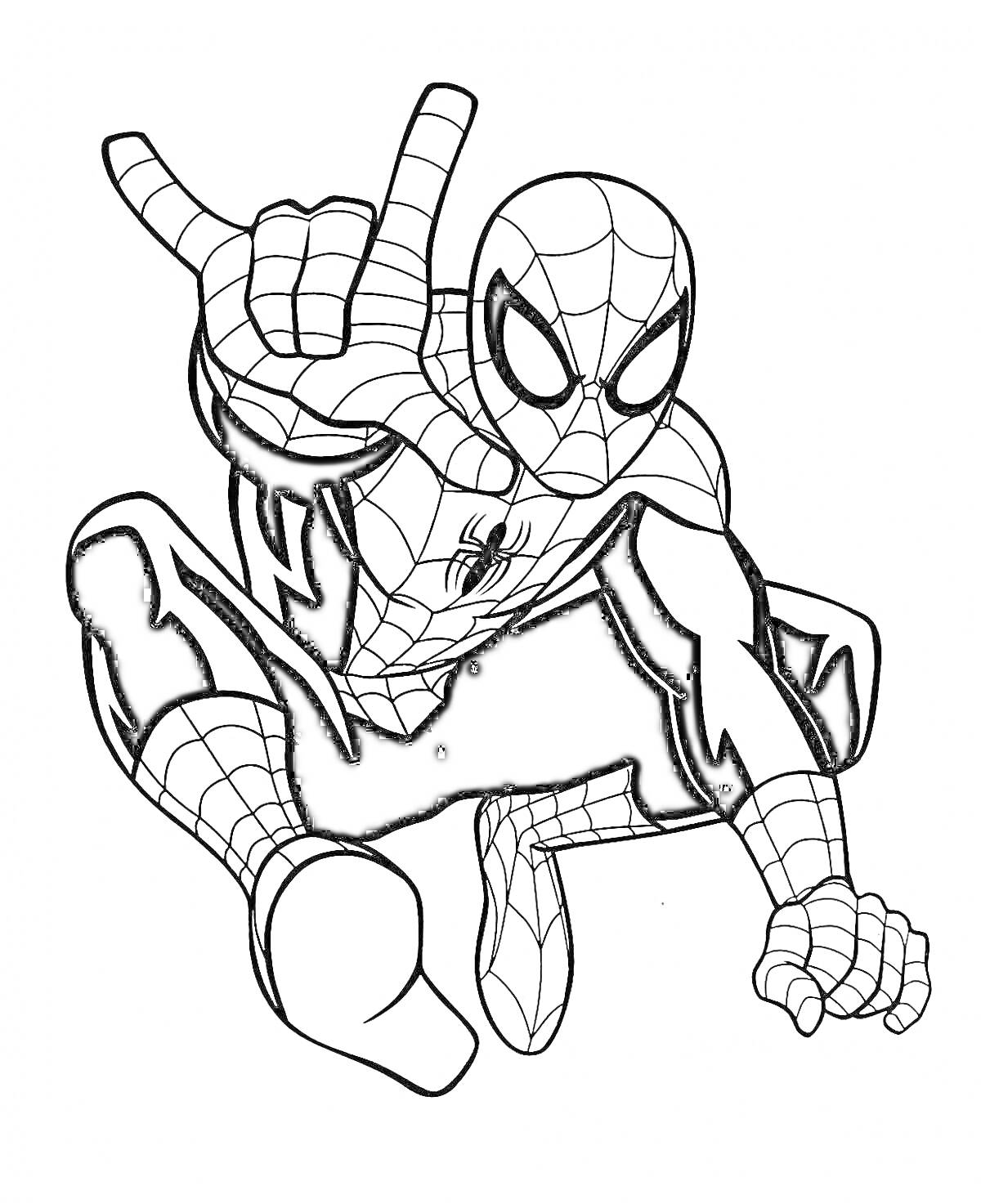 Раскраска Человек-паук в костюме, выполняющий жест рукой, сидя на корточках
