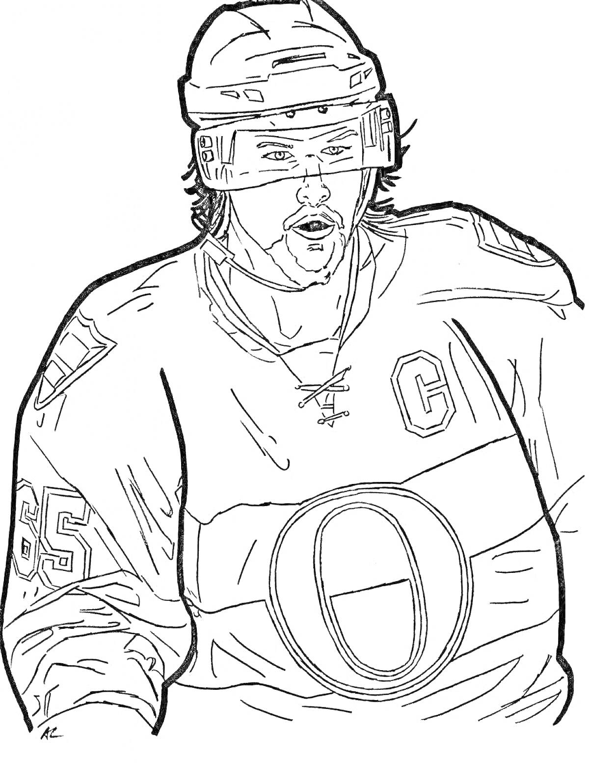 На раскраске изображено: Хоккеист, Хоккейная форма, Шлем, Буква С, Капитан
