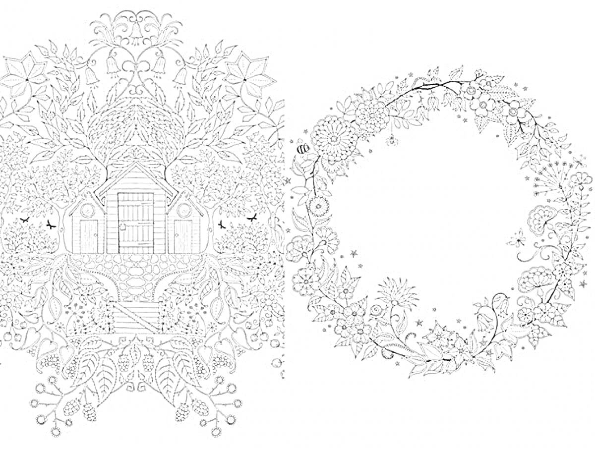 Раскраска Заколдованный домик в саду с цветочным венком
