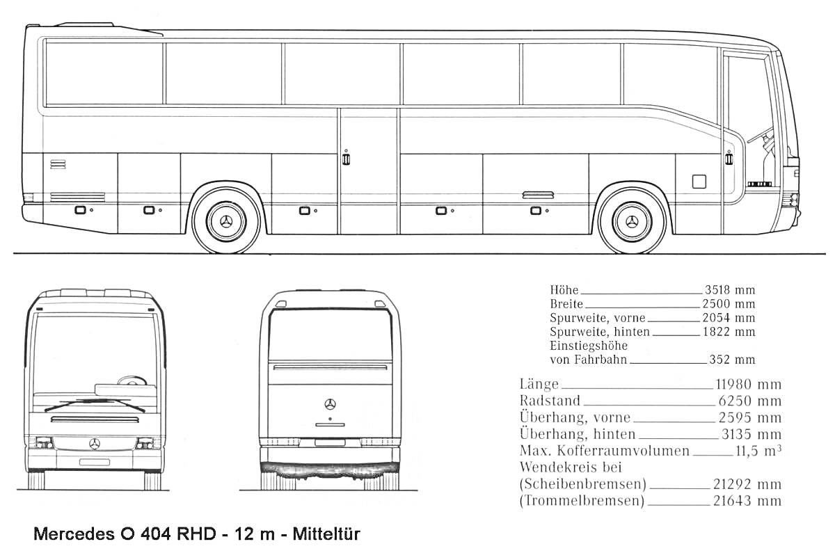 РаскраскаЧертеж автобуса Mercedes O 404 RHD с указанием размеров