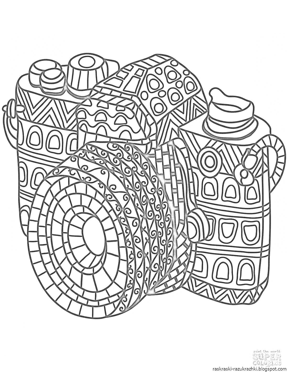 На раскраске изображено: Камера, Узоры, Техника, Детальное изображение, Для мальчиков, 15 лет, Творчество