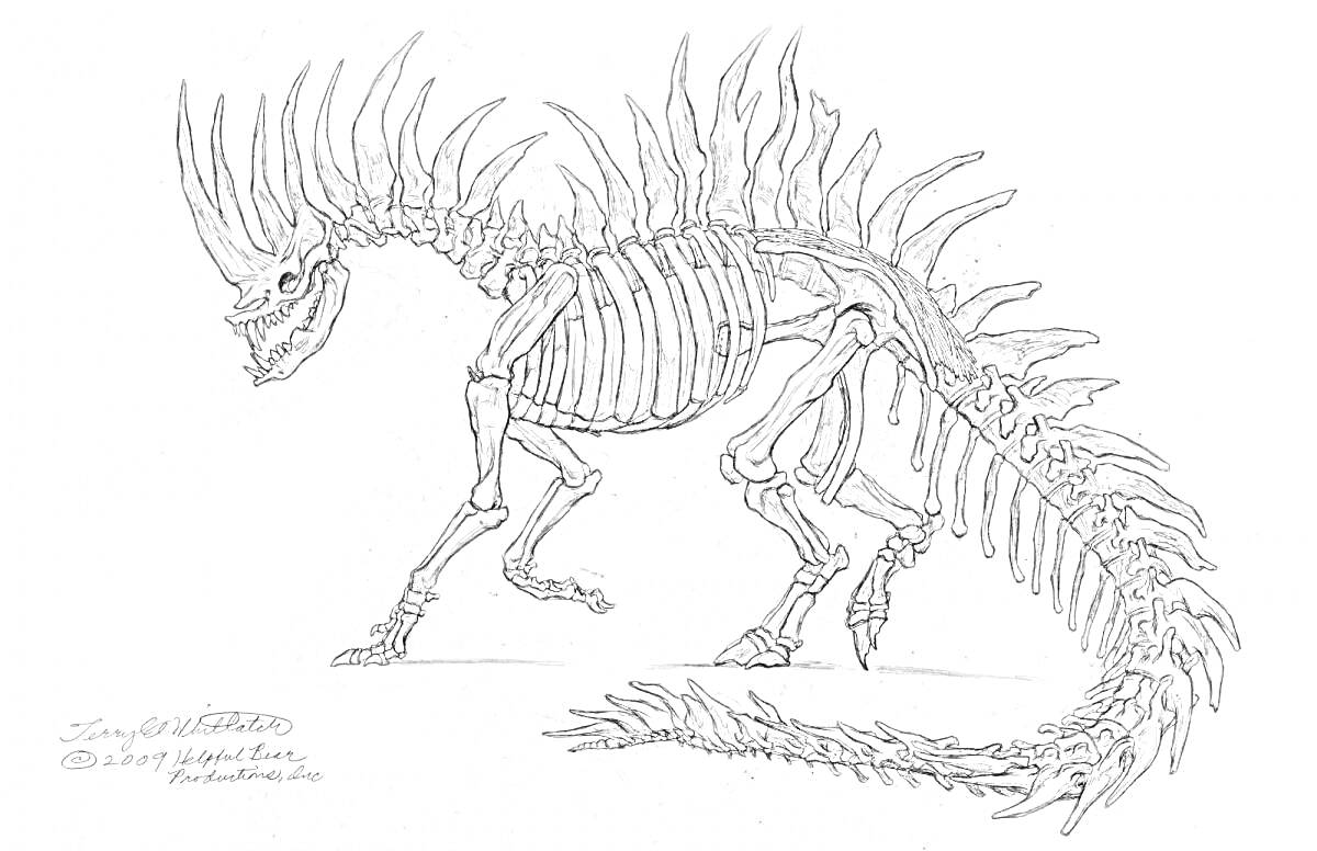 На раскраске изображено: Динозавр, Скелет, Шипы, Кости, Древний ящер