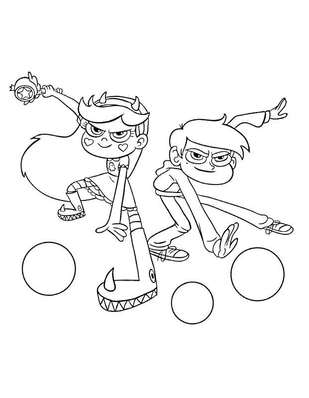 Раскраска Стар и Марко с магической палочкой, три круга на переднем плане