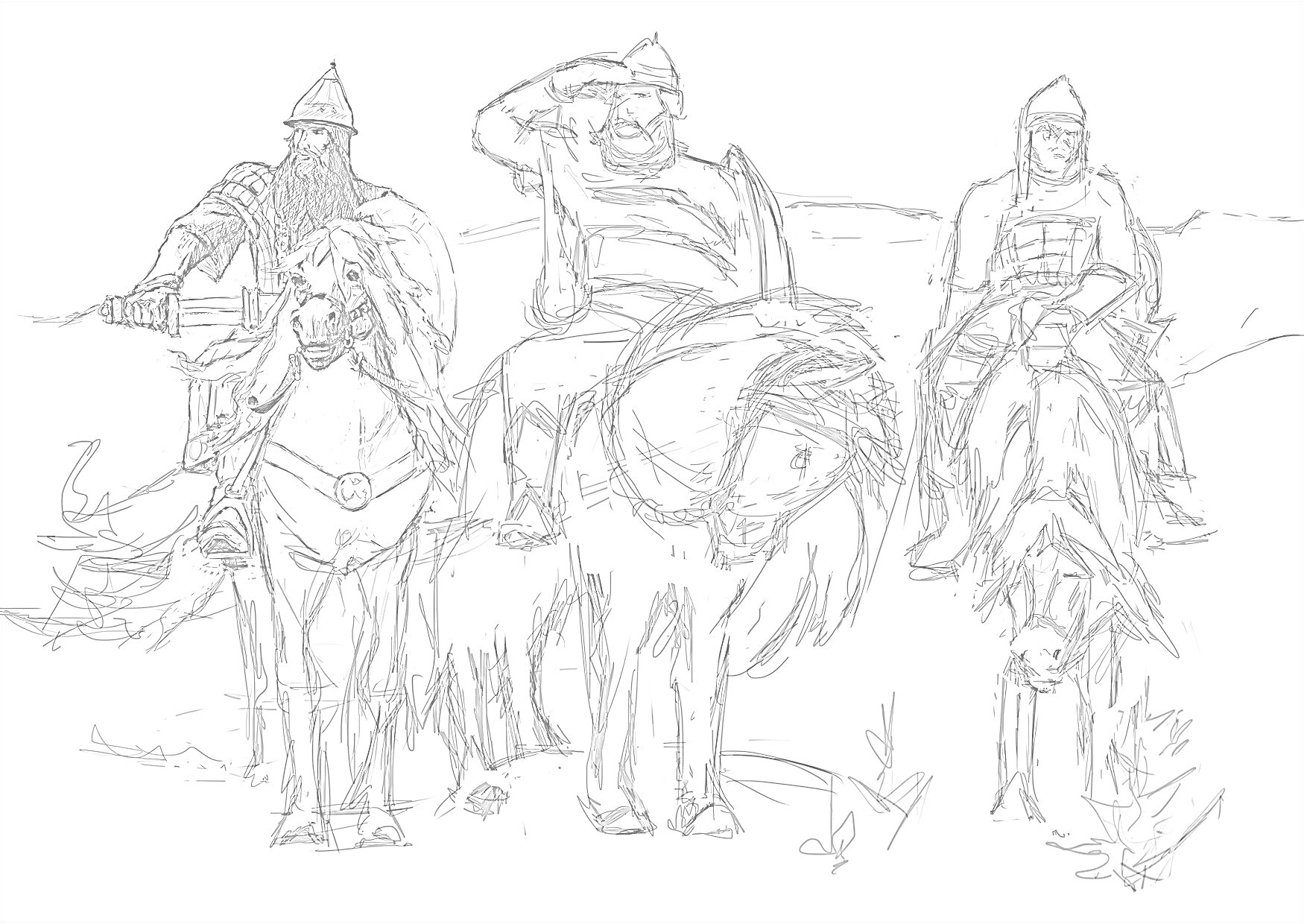 На раскраске изображено: Три богатыря, Кони, Шлемы, Доспехи, Средневековье, Поле