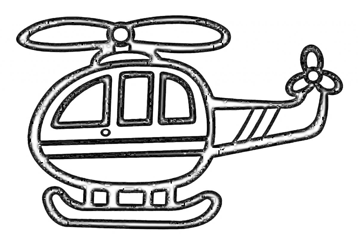 Раскраска Полицейский вертолет с двумя дверями, двумя пропеллерами и полосами на хвосте