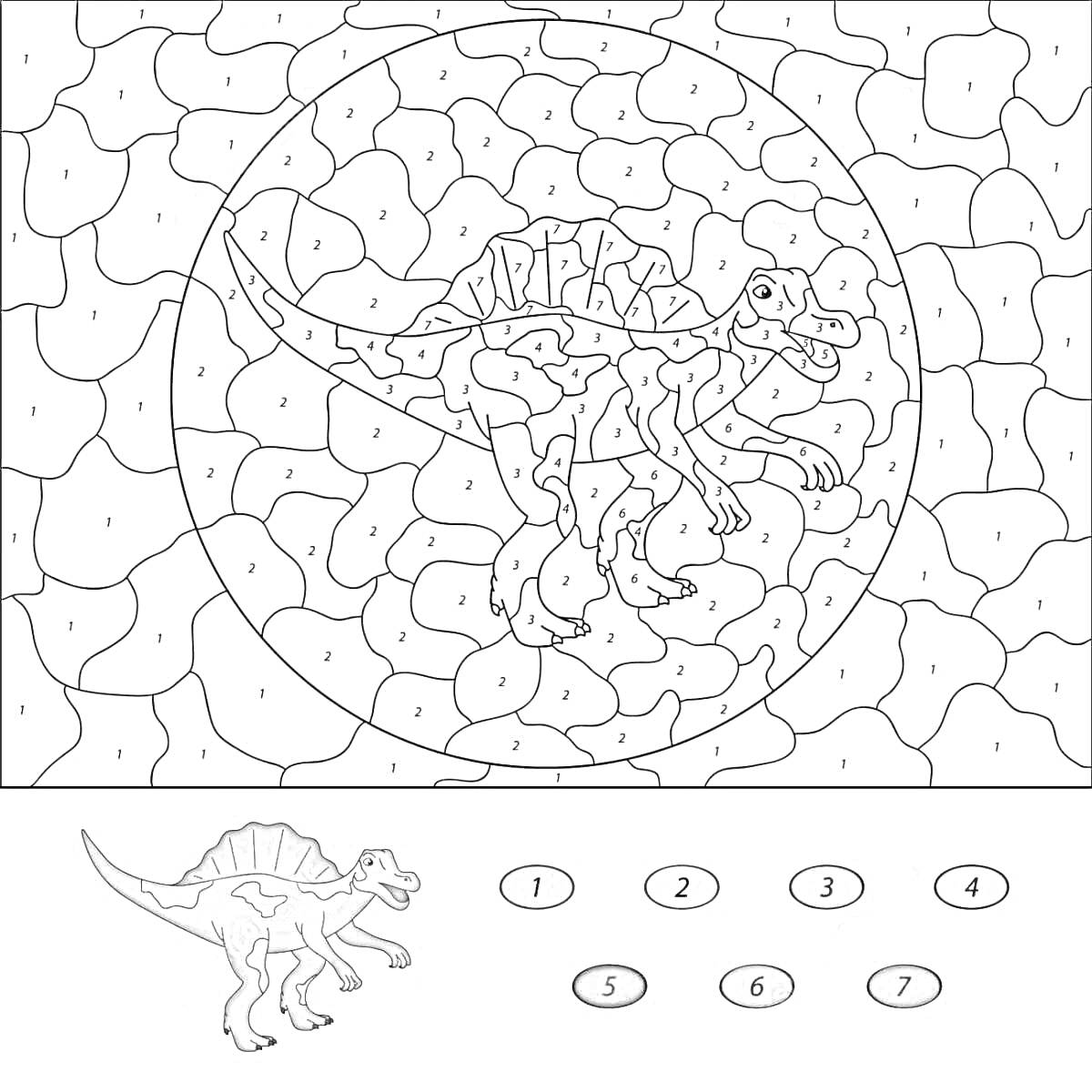 Раскраска Раскраска по номерам с изображением динозавра на фоне из овальных камней