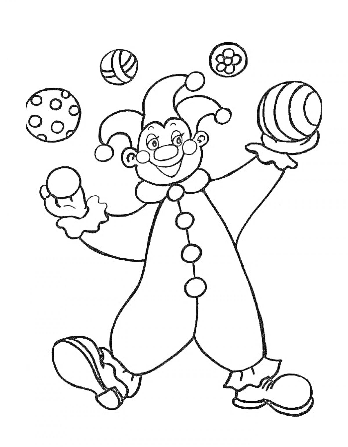 На раскраске изображено: Петрушка, Жонглер, Клоунский костюм, Ботинки, Цирк