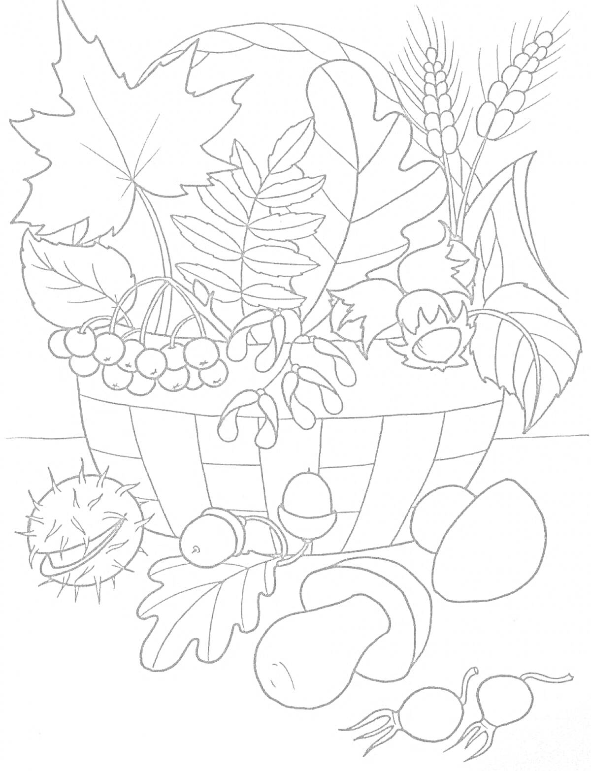 На раскраске изображено: Осень, Корзина, Листья, Желуди, Грибы, Ягоды, Каштаны