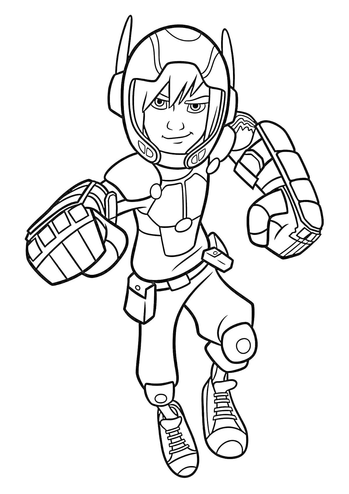 Раскраска Герой в шлеме и костюме с большими перчатками, сконцентрированное выражение лица, стоящий на одной ноге с согнутой коленкой