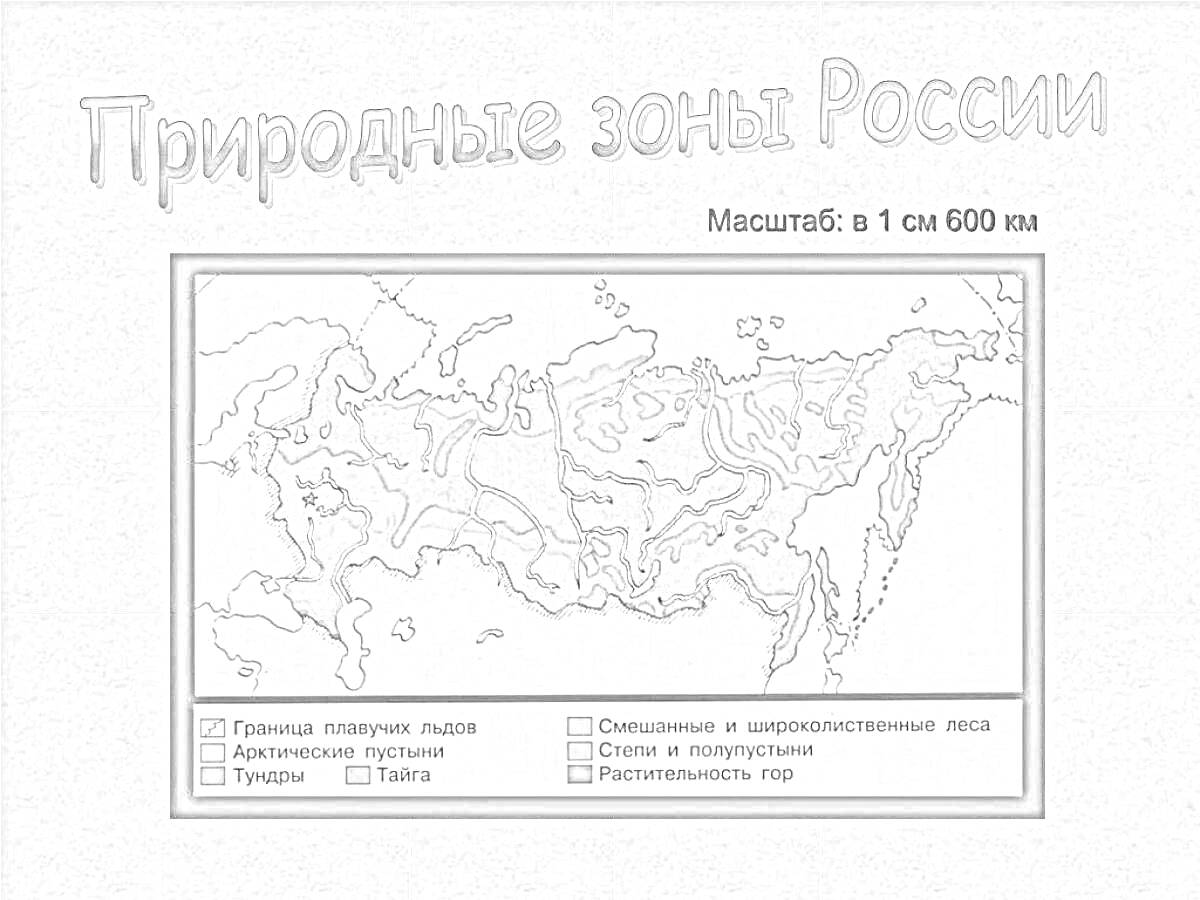 На раскраске изображено: Природные зоны, Россия, Арктические пустыни, Тундра, Тайга, Смешанные леса, Широколиственные леса, Степь, Полупустыни