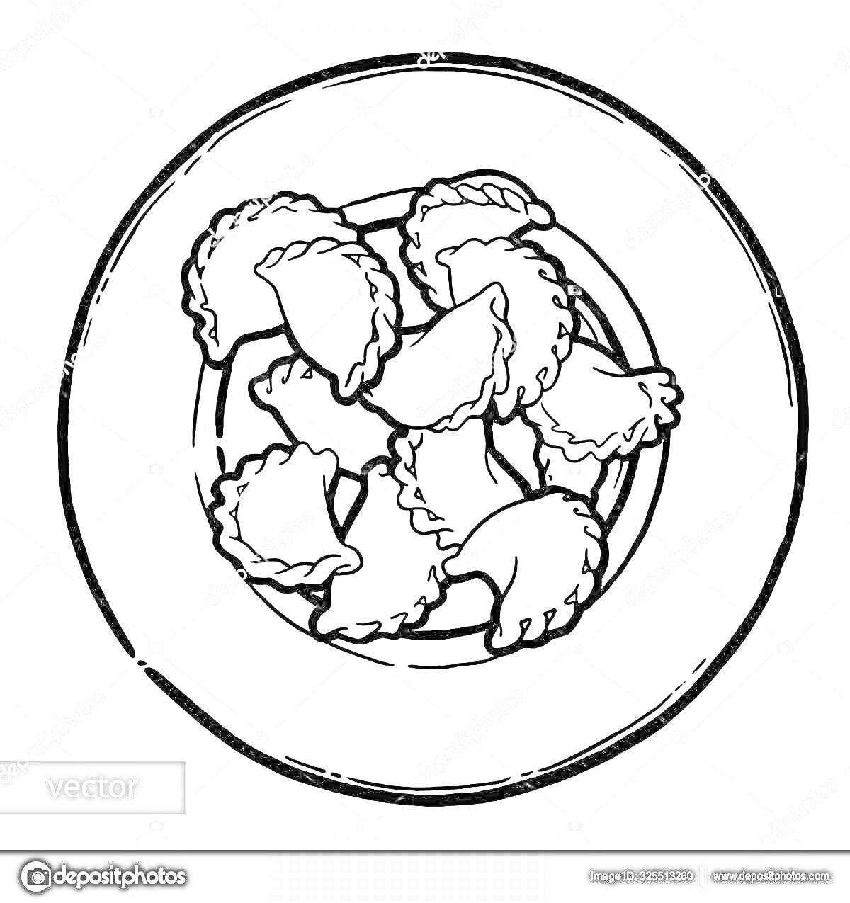 На раскраске изображено: Пельмени, Тарелка, Еда, Блюдо, Вектор