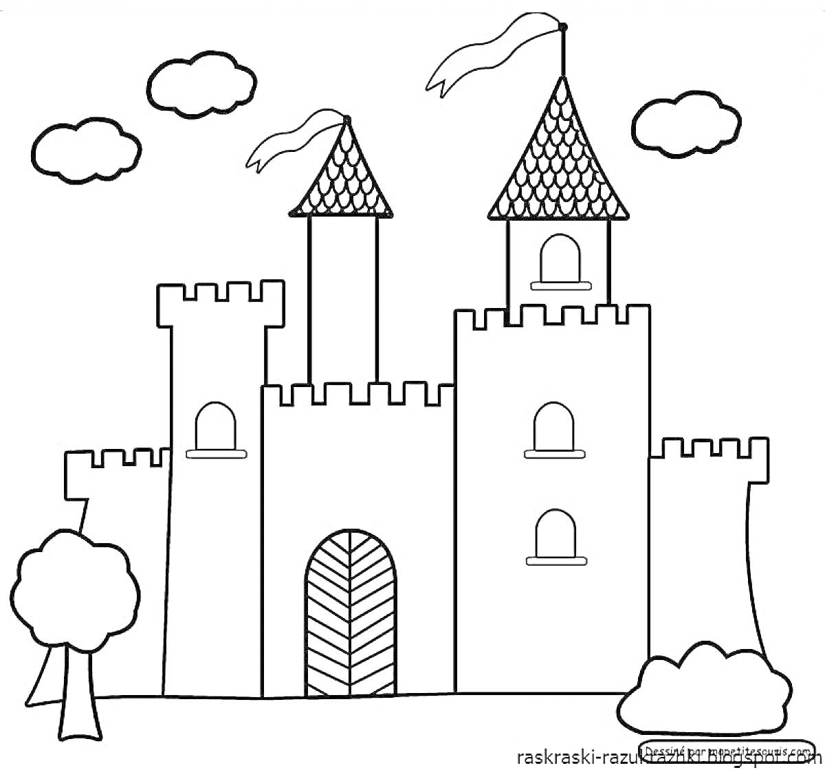 Раскраска Замок с башнями и флагами, три облака, три дерева, ворота