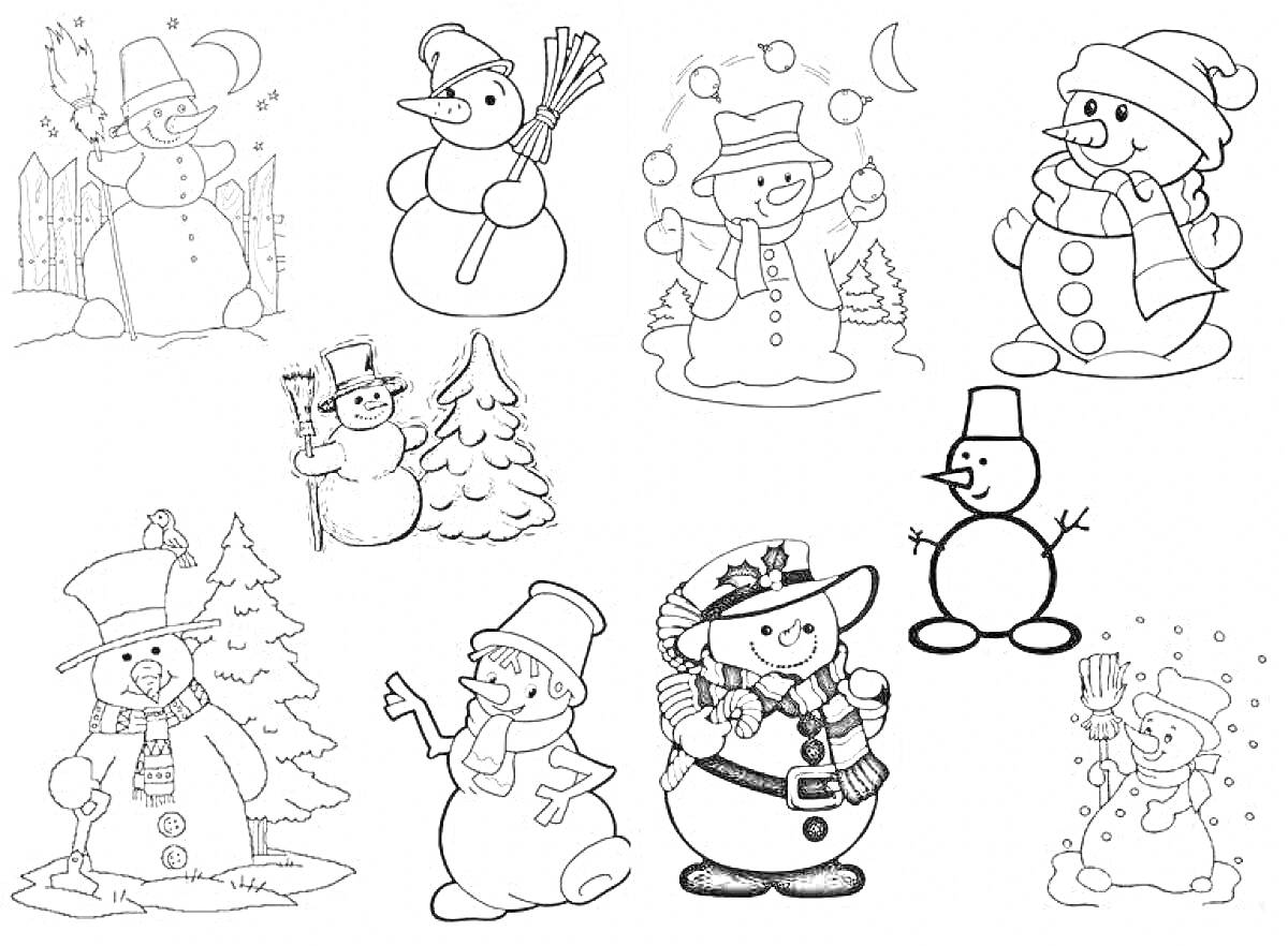 Раскраска Сборник изображения Деда Мороза и снеговиков с различными элементами