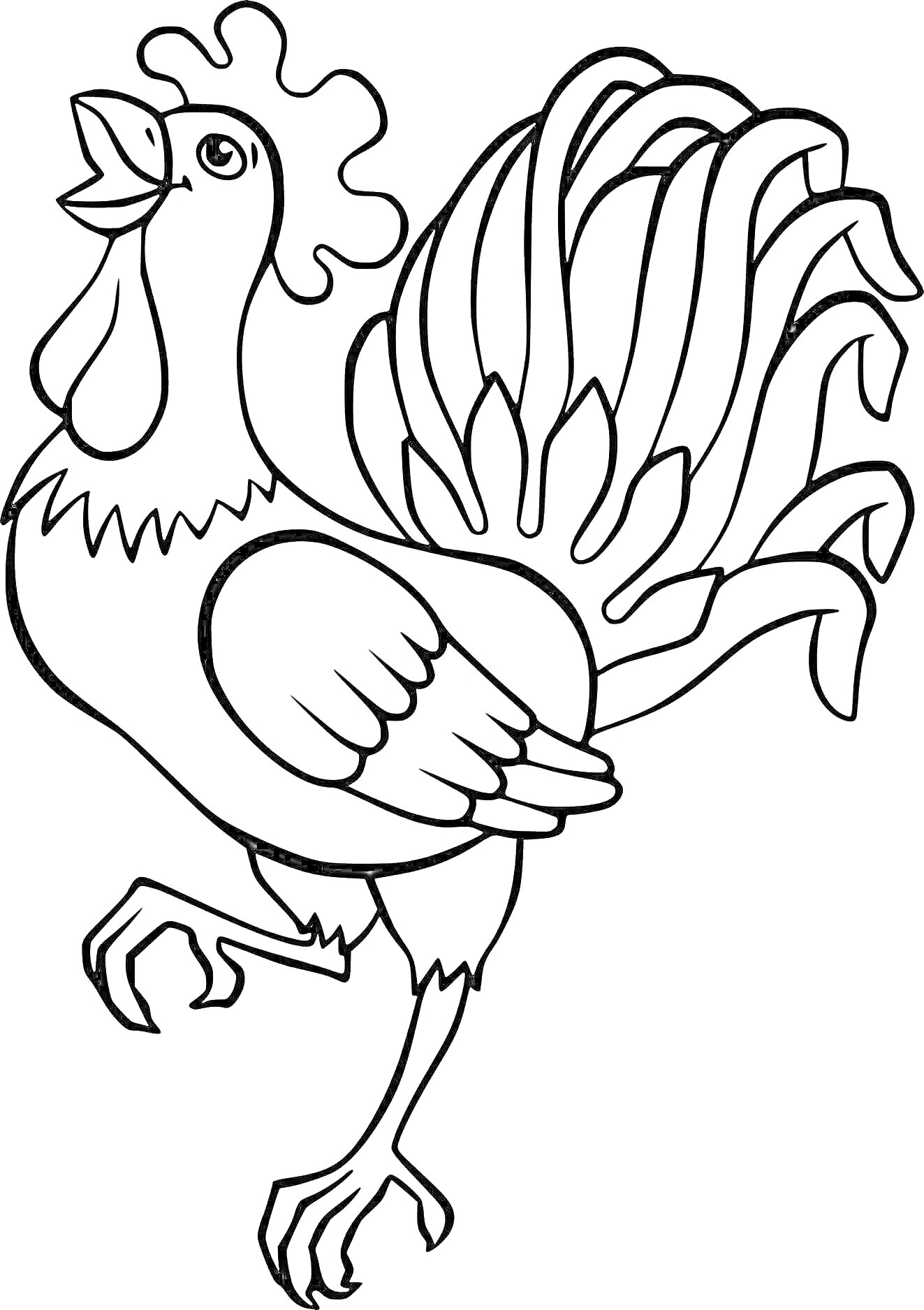 На раскраске изображено: Золотой петушок, Петух, Птица, Перья, Хвост, Гребень, Творчество