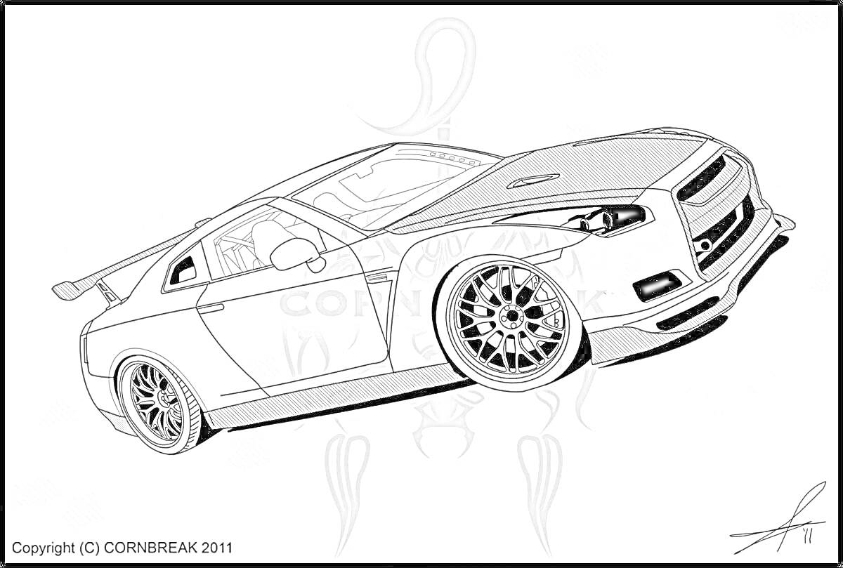 Раскраска Спортивный автомобиль GTR 35 с задним спойлером и большими колесами