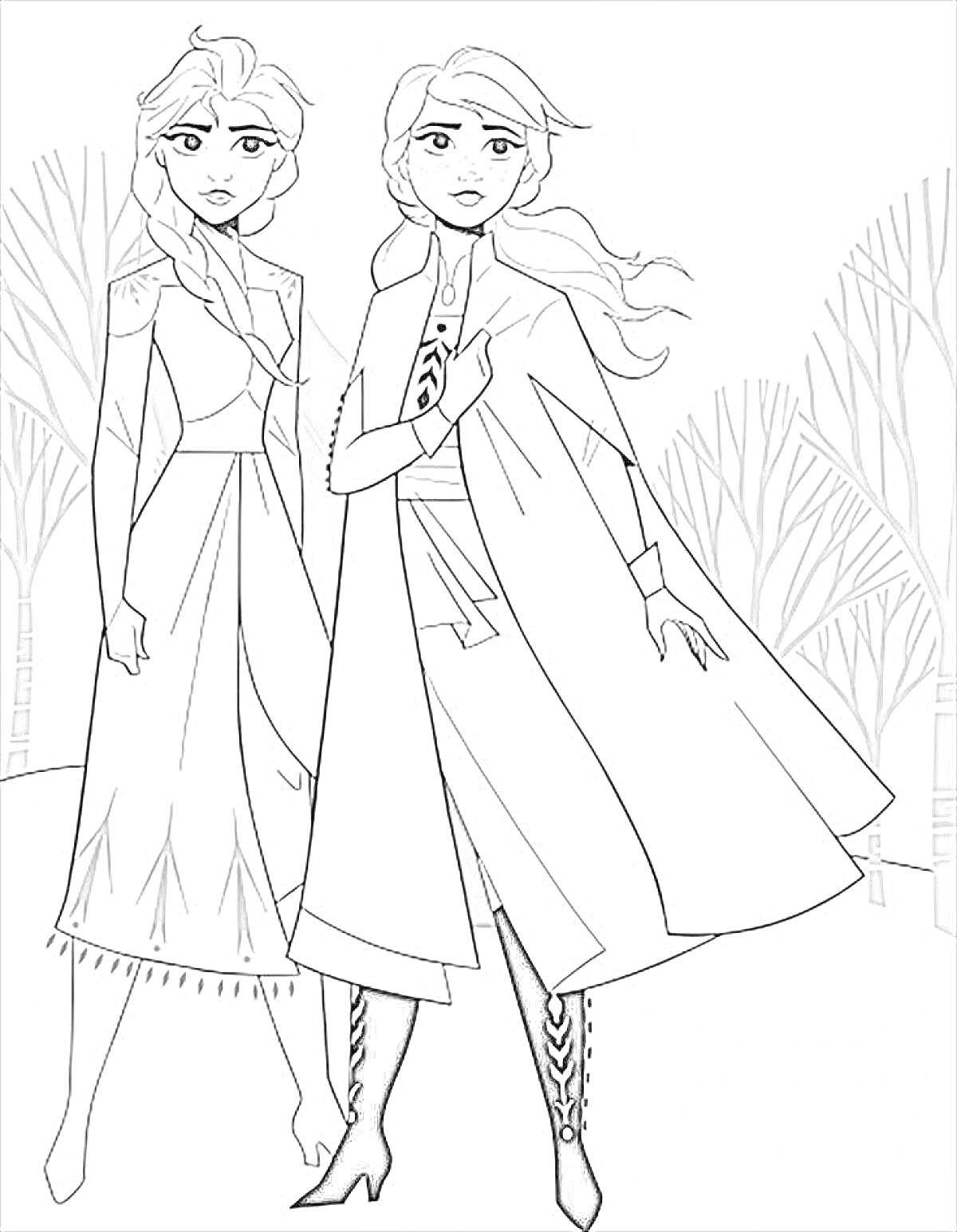 Раскраска Эльза и Анна в лесу (лесная сцена с Эльзой и Анной из 