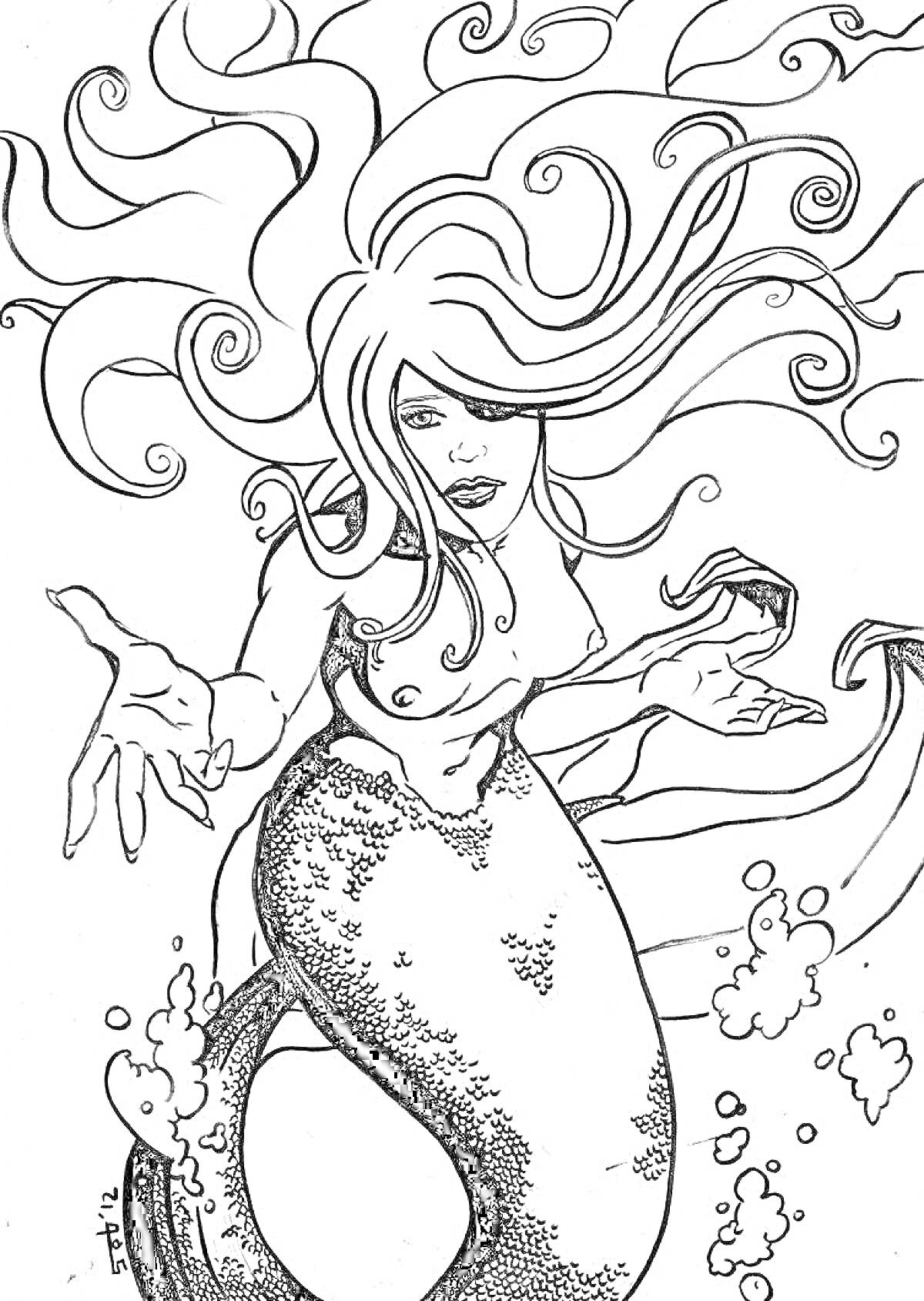 РаскраскаБольшая сирена: сирена с длинными волосами и рыбьим хвостом, протягивающая руки