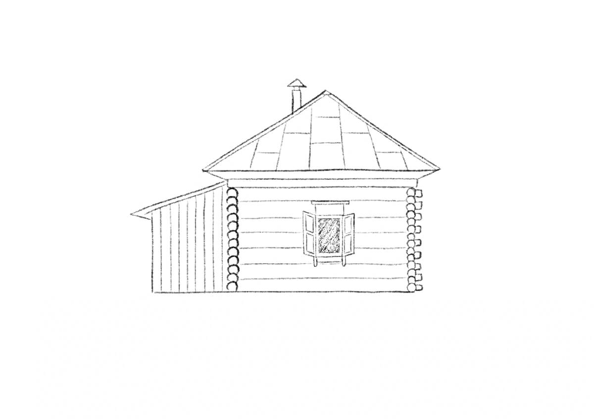 Раскраска русская изба с окном, дымоходом и пристройкой
