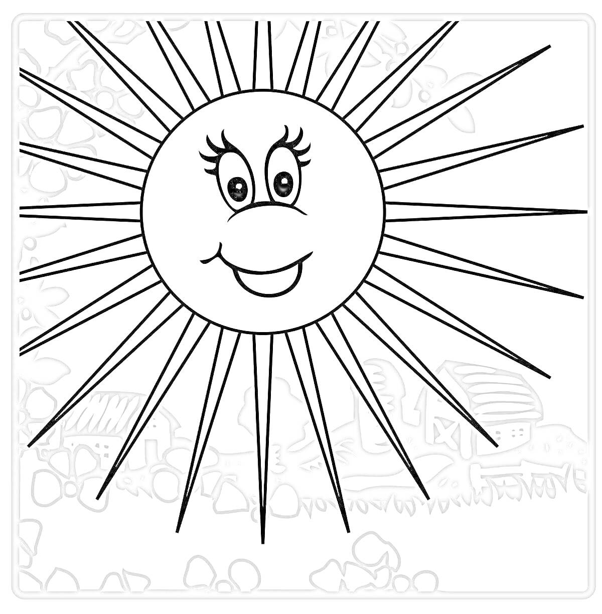 На раскраске изображено: Солнце, Улыбка, Деревья, Кусты, Ферма, Счастье, Природа
