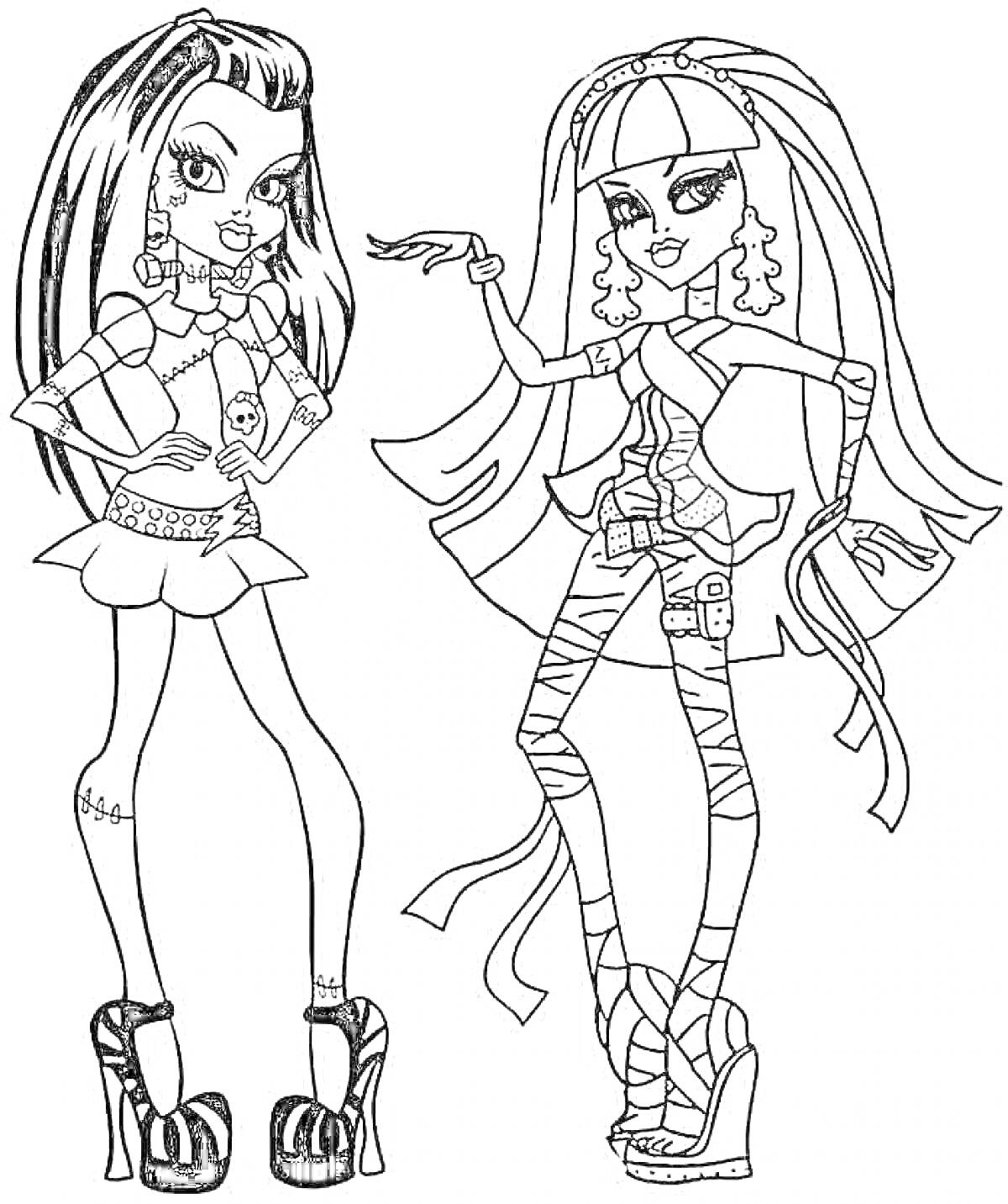 Раскраска Две девушки-монстра в модной одежде и высоких каблуках