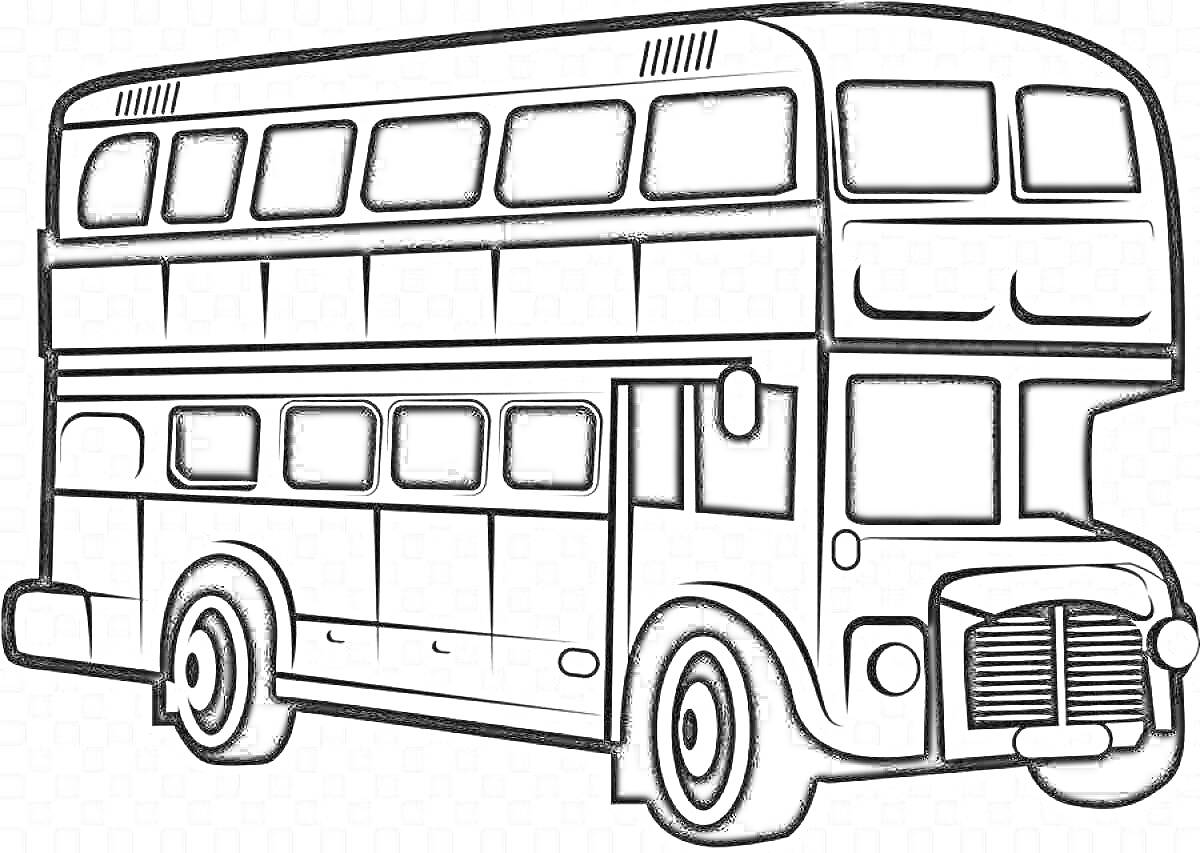 Раскраска Двухэтажный автобус с окнами, колесами и дверью
