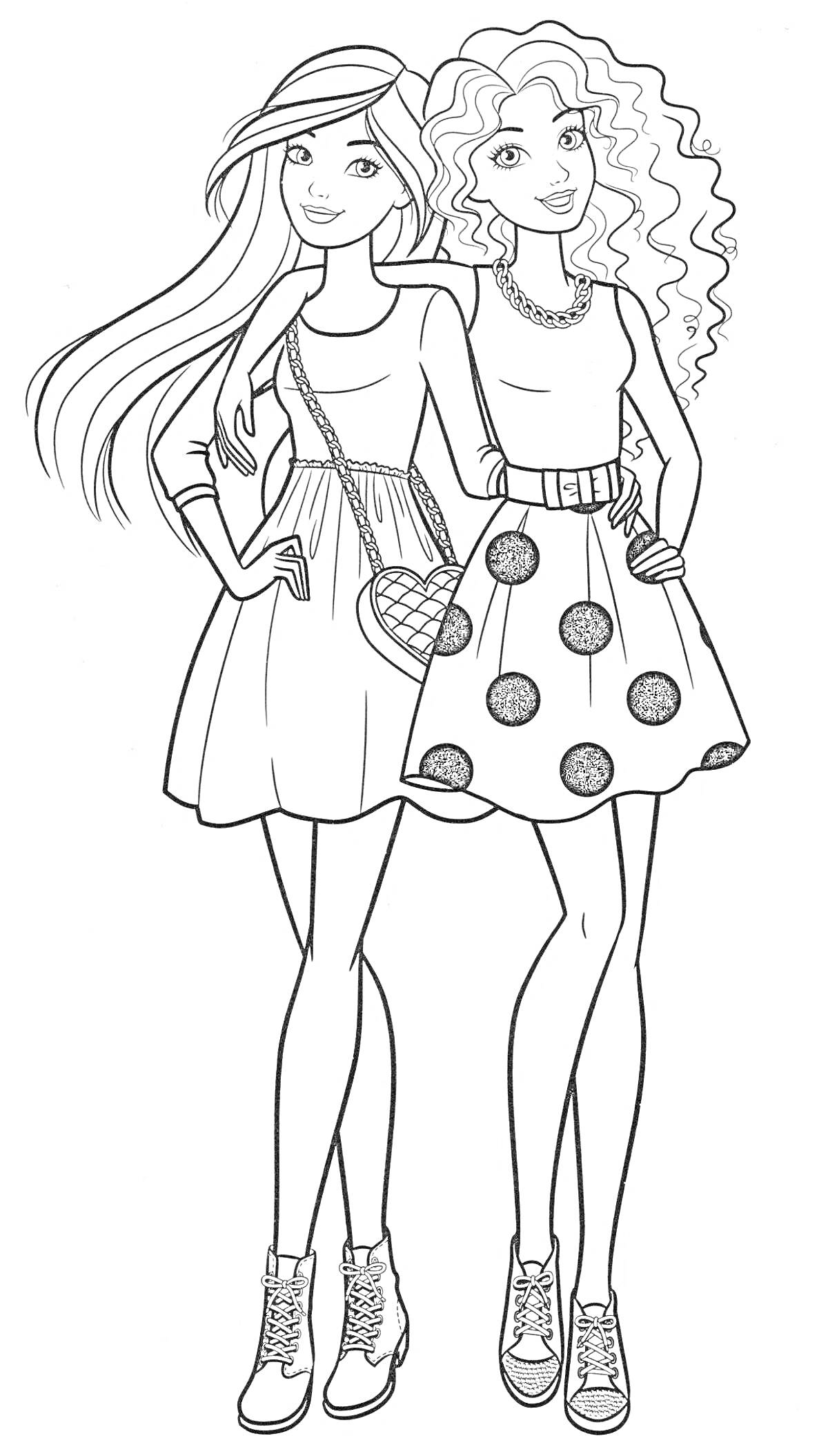 Раскраска Две подружки в платьях с сумочкой и кудряшками.