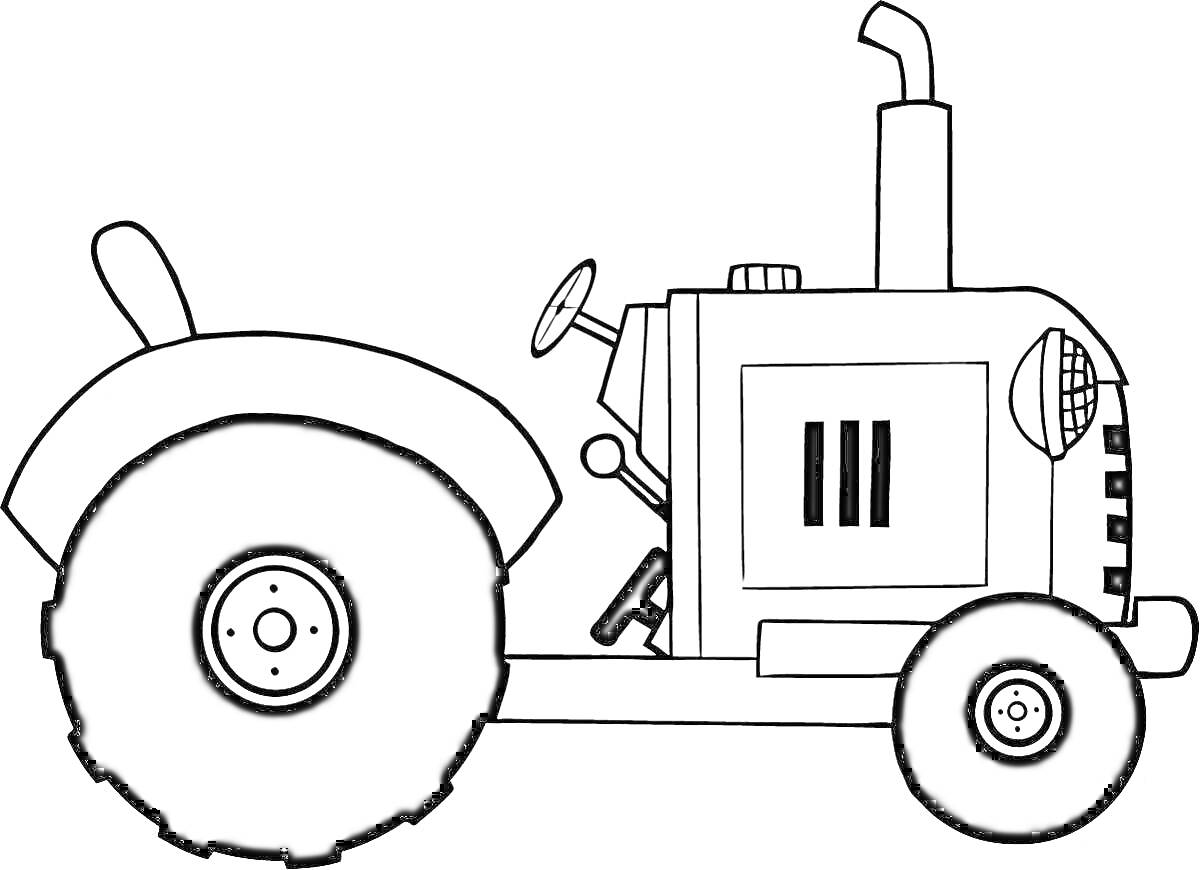 Раскраска Черно-белая раскраска трактора с трубой, рулевым колесом и большими задними колесами