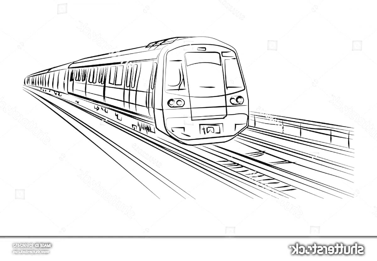 На раскраске изображено: Поезд, Железная дорога, Транспорт, Локомотив